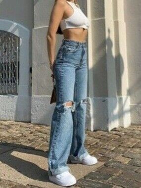 Zara The 90's Full Lentgh Blue Wash Distressed High-Rise Wide-Leg Jeans